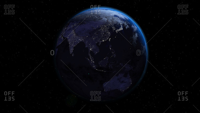 Planet Earth in night time with city lights in space with stars. Oceania side.