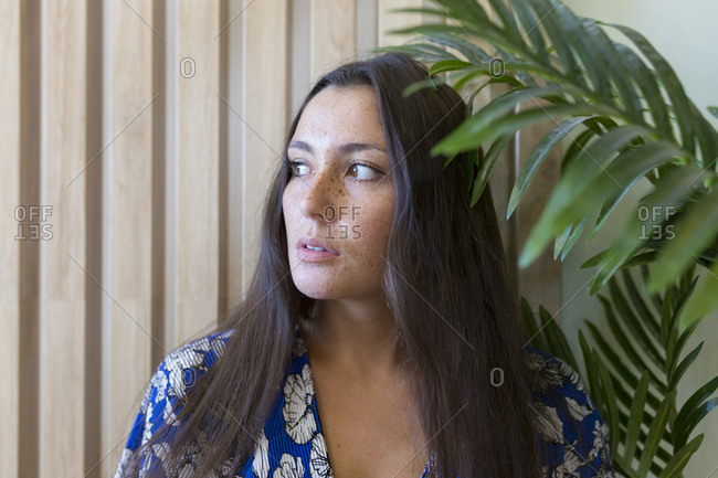 Attractive Girl With Freckles Relaxing At Home Stock Photo Offset