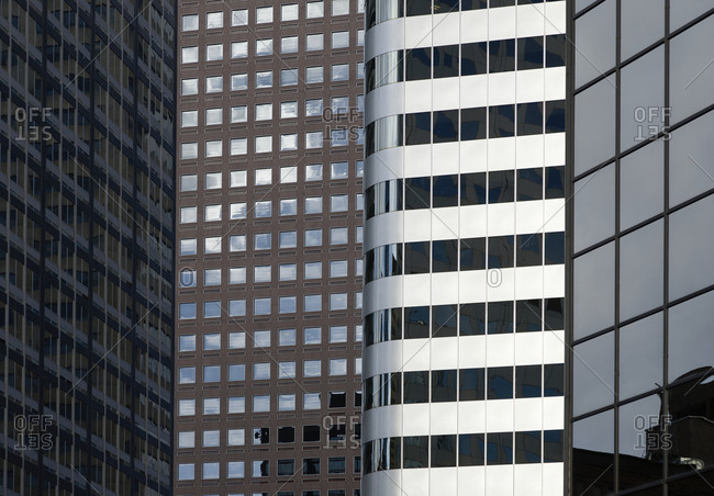 High rise modern architecture, buildings in downtown Denver, window patterns.