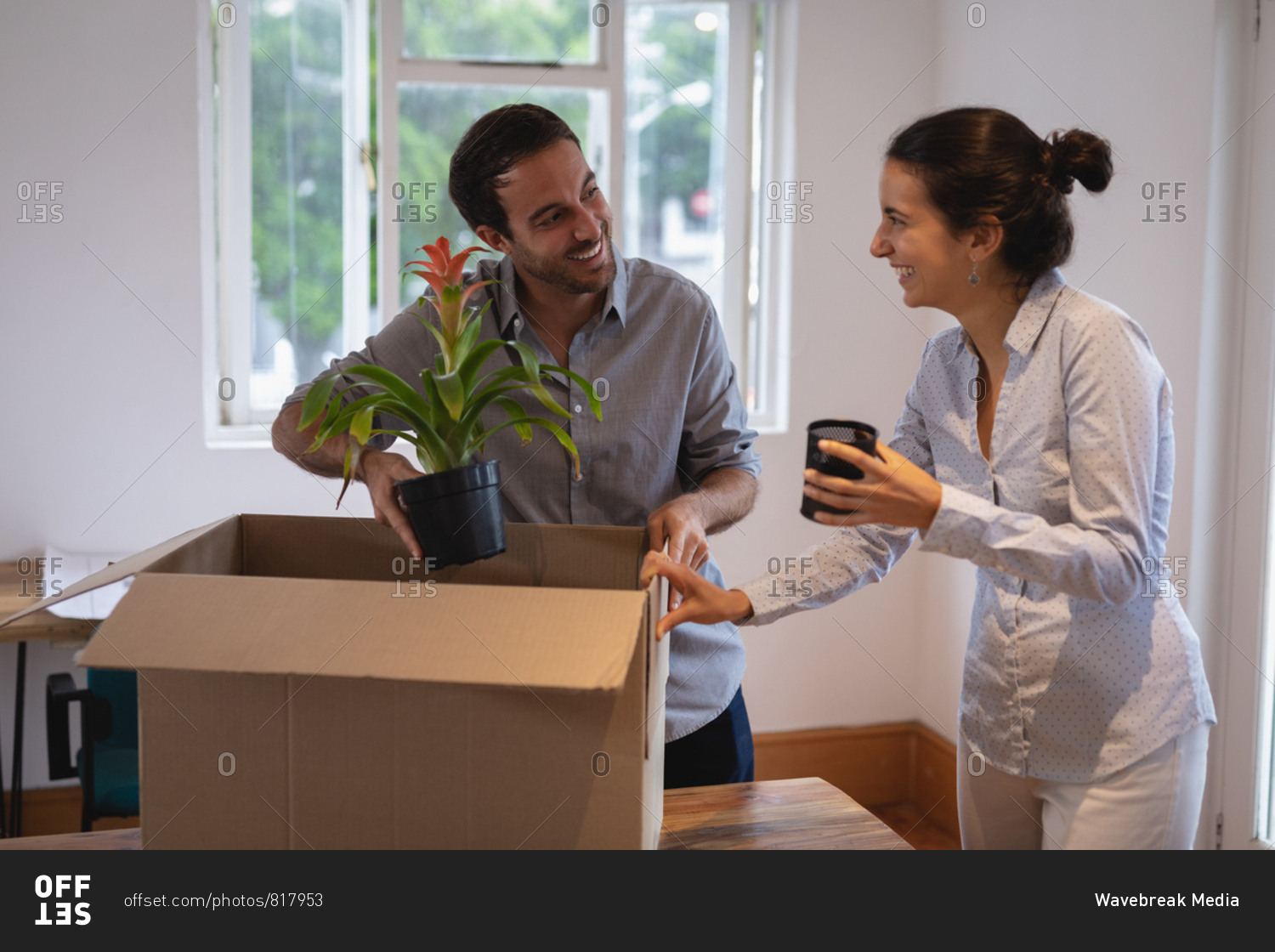 Front view of Caucasian businessman and mixed-race Businesswoman interacting with each other while packing cardboard boxes in the office