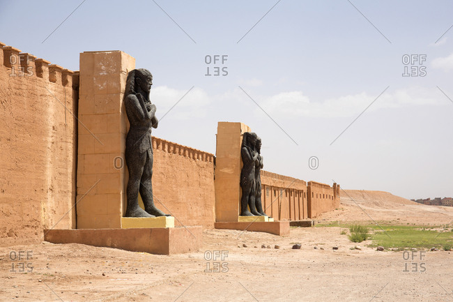 Ouarzazate, Morocco - April 12, 2019: Newly manufactured wall in the ancient Egyptian style outside of the Cinema Studio Atlas