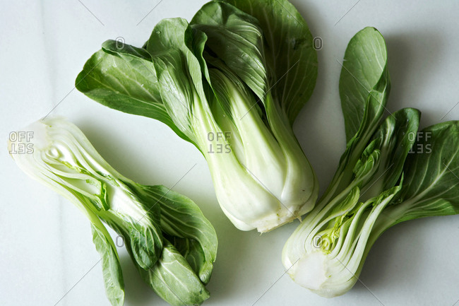 Overhead view of halved bok choy