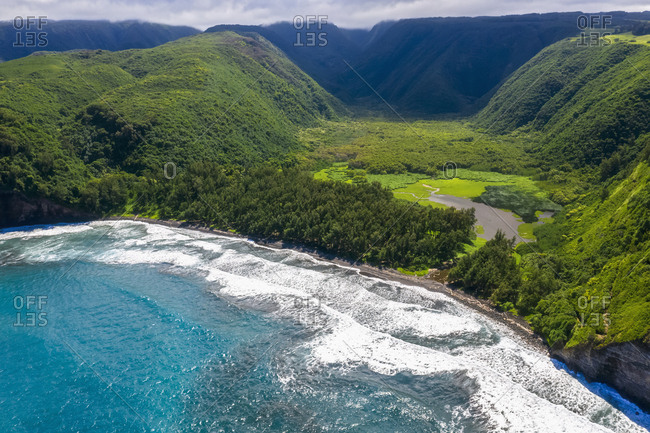 Usa Hawaii Big Island Pacific Ocean Pololu Valley Lookout Pololu Valley And Black Beach Aerial View Stock Photo Offset