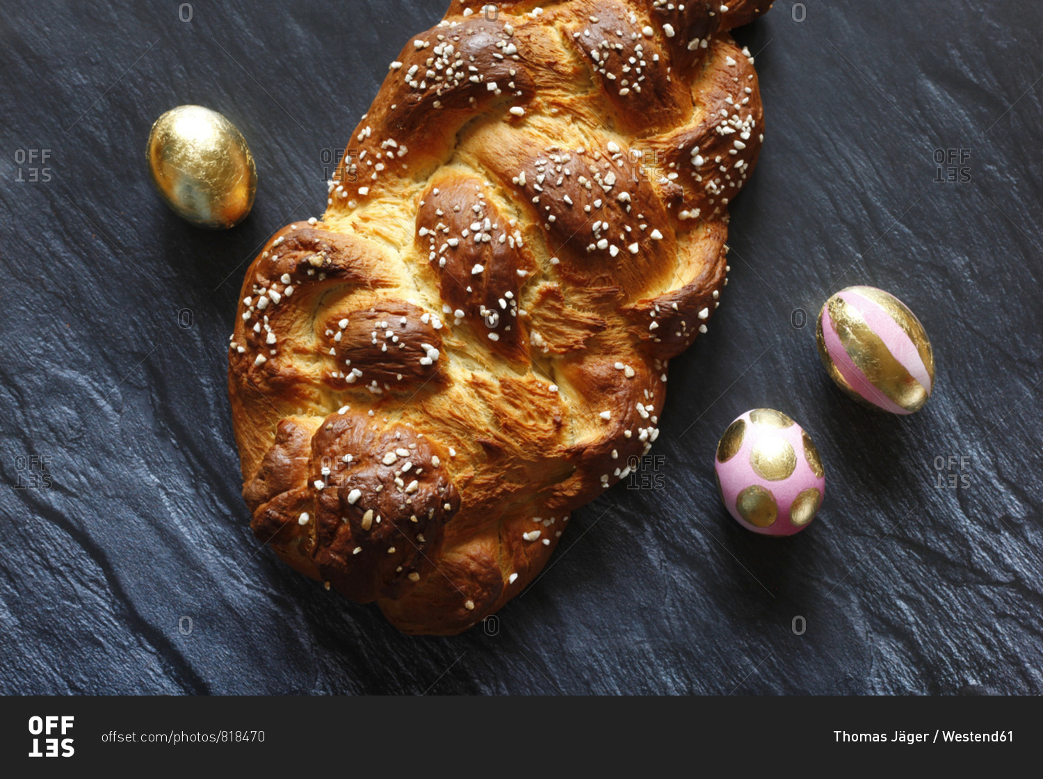Homemade Easter plait and Easter eggs- from above