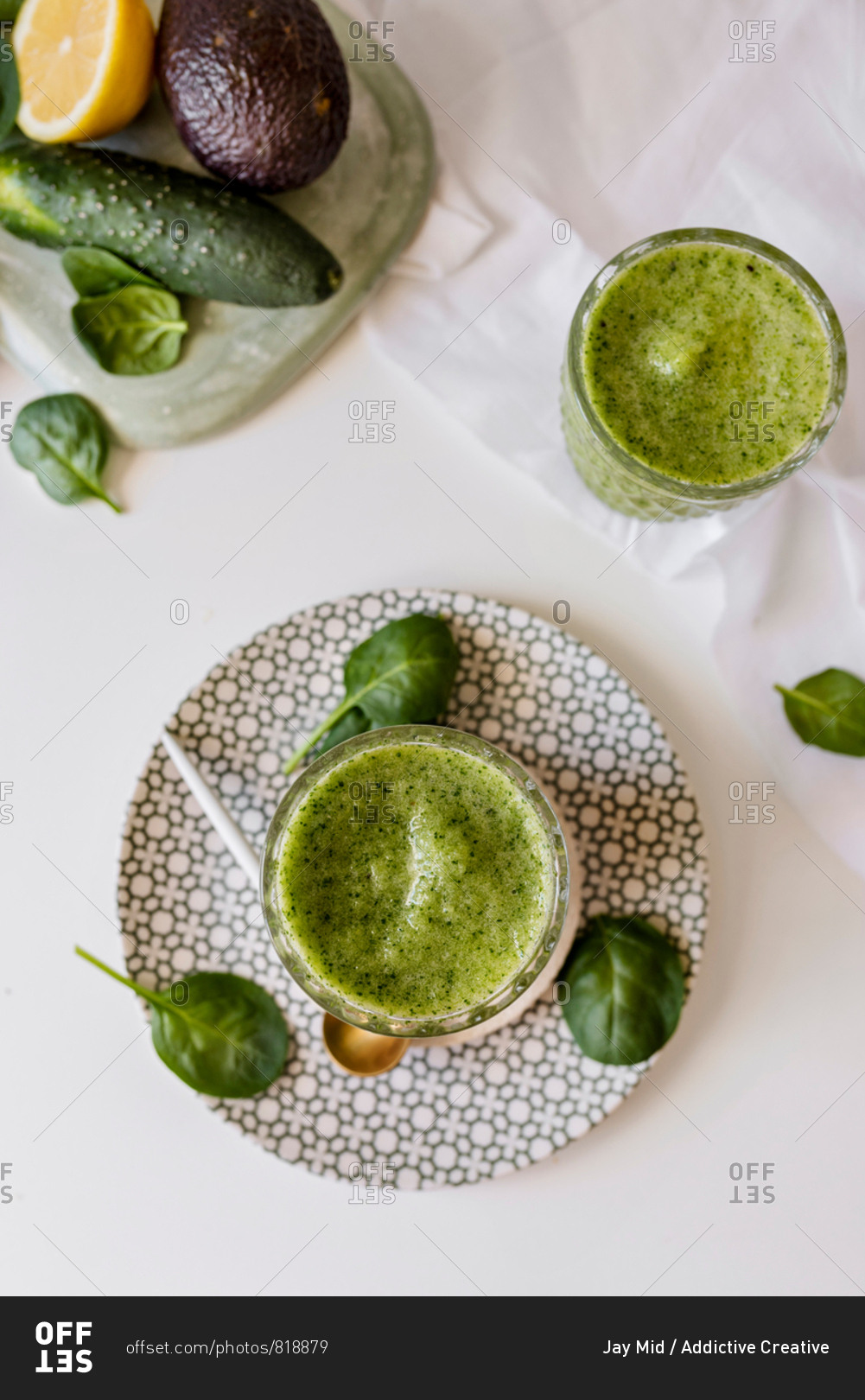 Healthy green smoothie - spinach, avocado and kiwi apple with lemon juice ,. Super food, detox and healthy food. From above