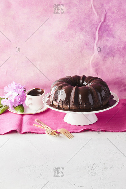 Chocolate bundt cake with chocolate sauce
