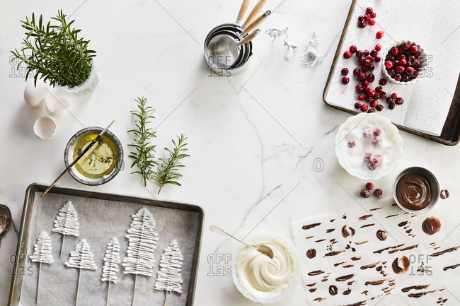Overhead View Of Unique Decorations For Winter Holiday Desserts