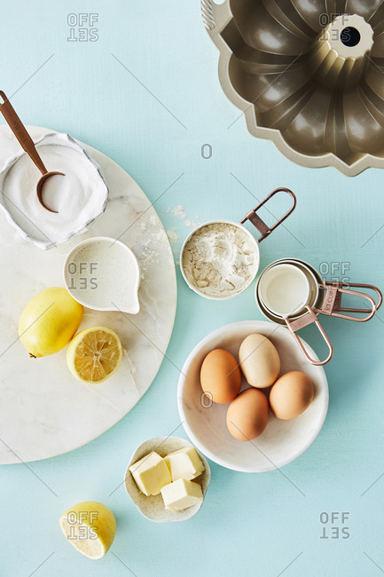 Overhead view of baking ingredients for bundt cake
