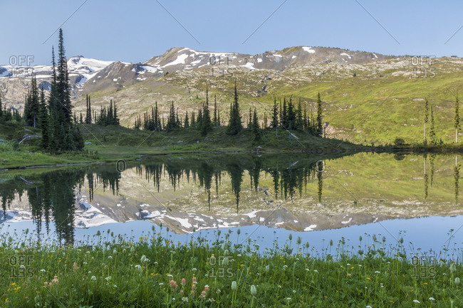 Canada, British Columbia, Selkirk Mountains. Marmot Lake reflection.