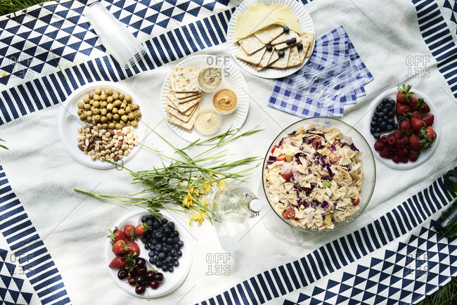 Top view of healthy picnic snacks on a blanket