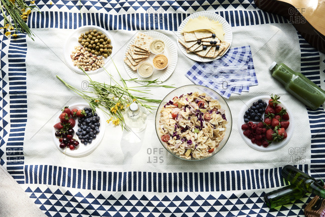 Top view of healthy picnic snacks on a blanket