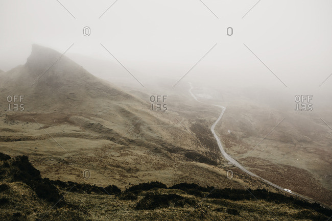 UK- Scotland- Isle of Skye- Quiraing Viewpoint- foggy landscape