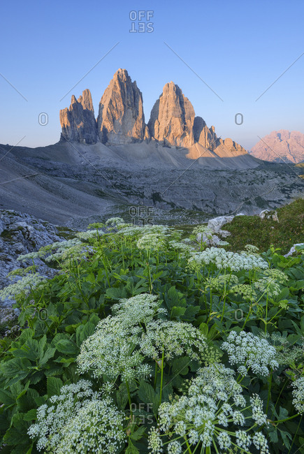 Italy- Sexten Dolomites- Tre Cime di Lavaredo at sunrise- Nature Park Tre Cime- Unesco World Heritage Natural Site