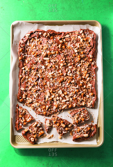 High angle view of butterscotch dessert in baking sheet on table at home