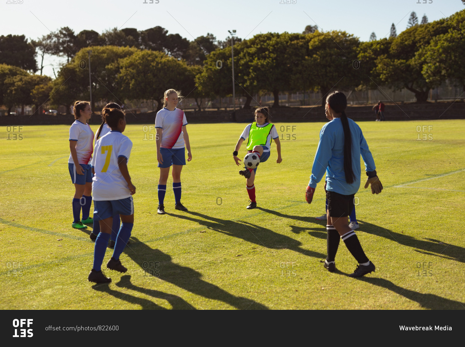 Rear view of diverse female soccer player playing soccer at sports field on a sunny day