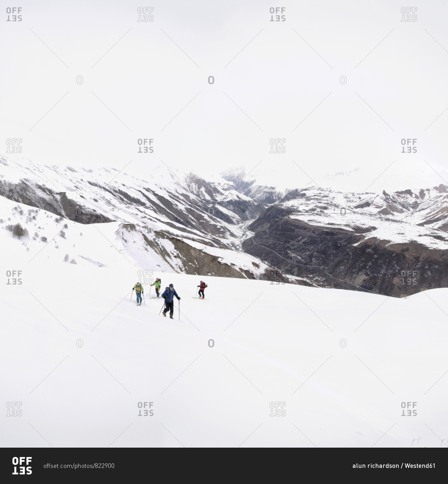 Georgia- Caucasus- Gudauri- people on a ski tour to Lomisi Monastery