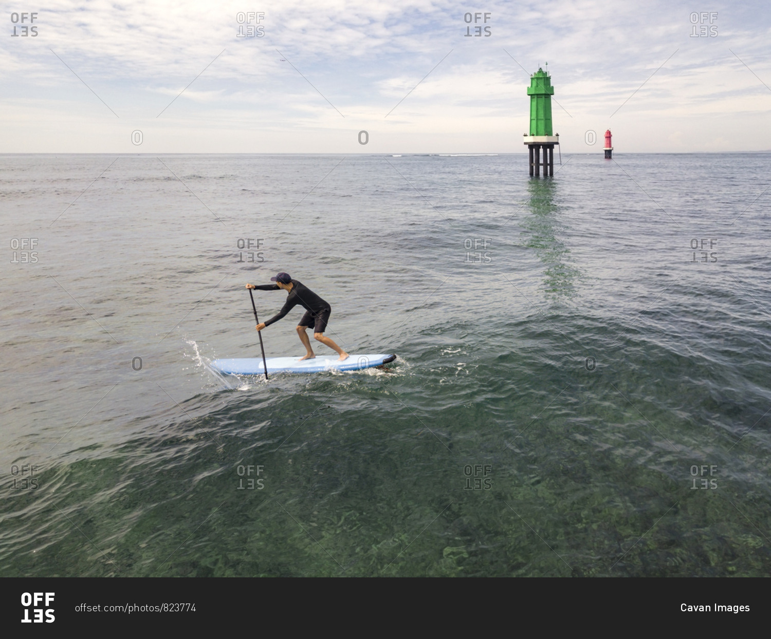 Aerial view of stand up paddle surfing