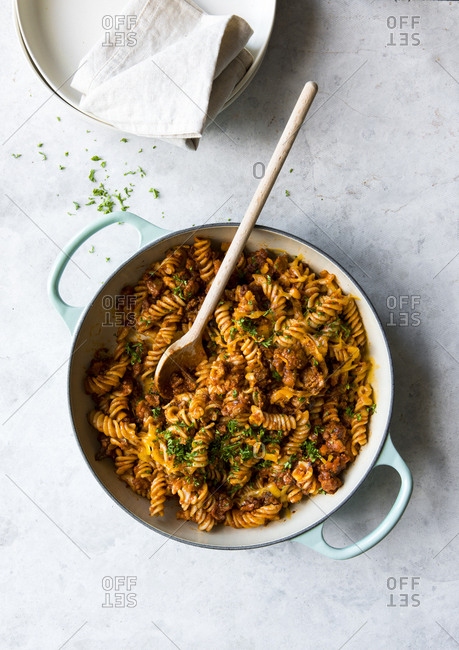 Whole wheat ragu pasta in skillet