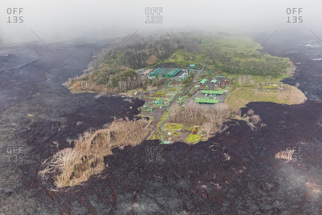 USA- Hawaii- Big Island- aerial view of the impacts of the volcanic eruption in 2018- Puna Geothermal Power Plant