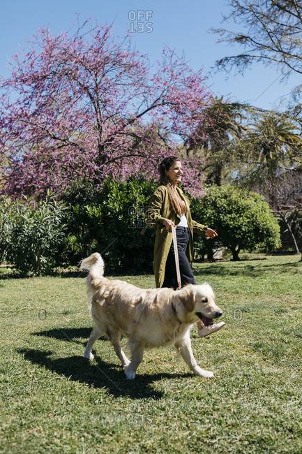 Happy woman going walkies in city park with her Labrador Retriever