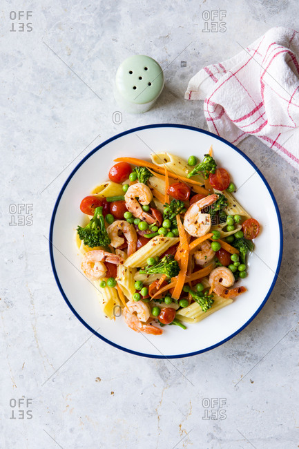 Pasta penne primavera vegetables on a plate