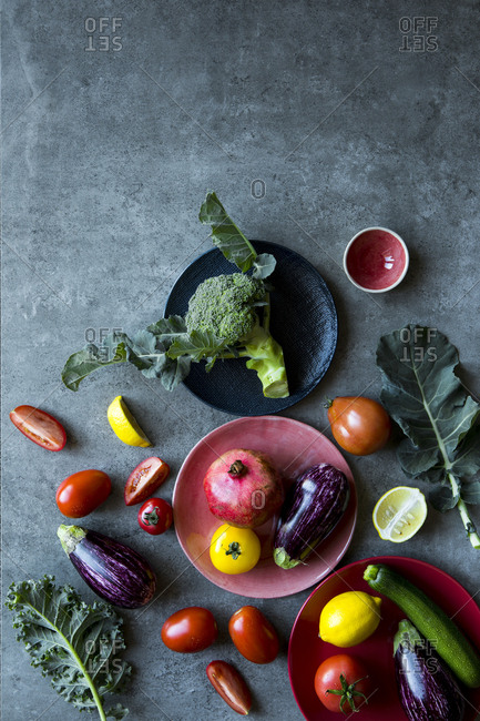 Vibrant red green purple and yellow vegetables.