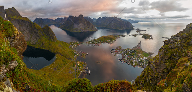 View from above of the village of Reine in the Lofoten Islands, Norway.