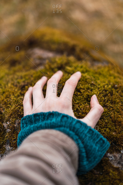 Crop female hand in warm clothes touching stone with green moss on Faroe Islands