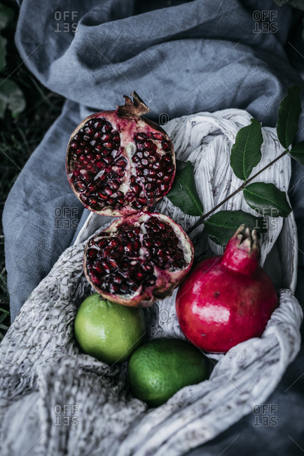 Various fruits lying on fabric on grass