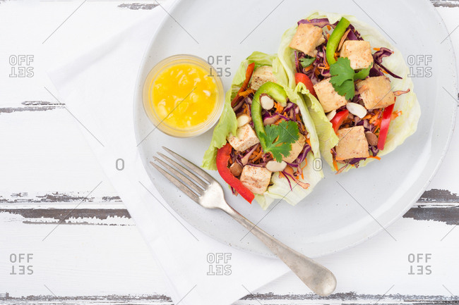 Almond tofu wrap in lettuce cup