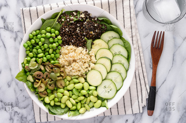 Overhead view of green vegetable salad