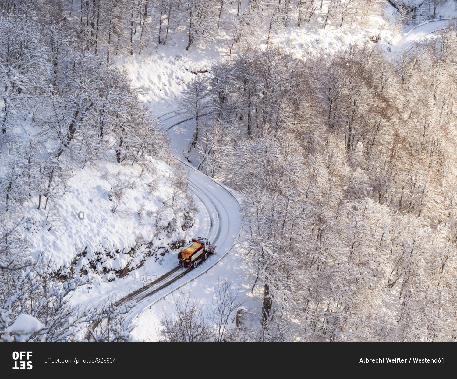 Spain- Asturia- Picos de Europa- Mirador De Piedrashistas- snow plow truck clearing road in winter