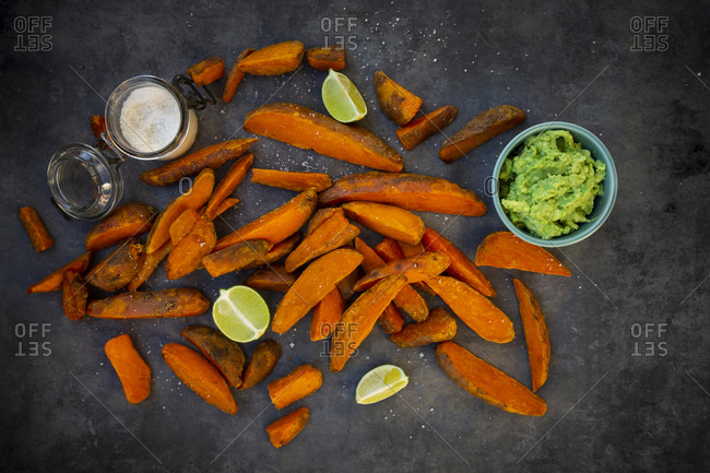Sweet potato wedges with avocado dip and fleur de sel