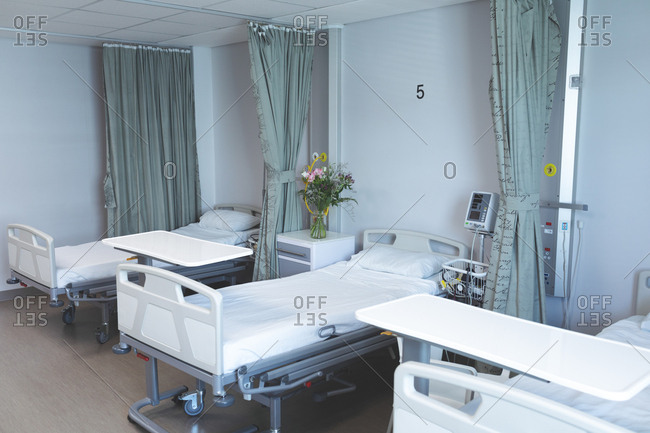 Modern hospital ward with empty beds, medical monitor, green curtains, cupboards, and flowers.
