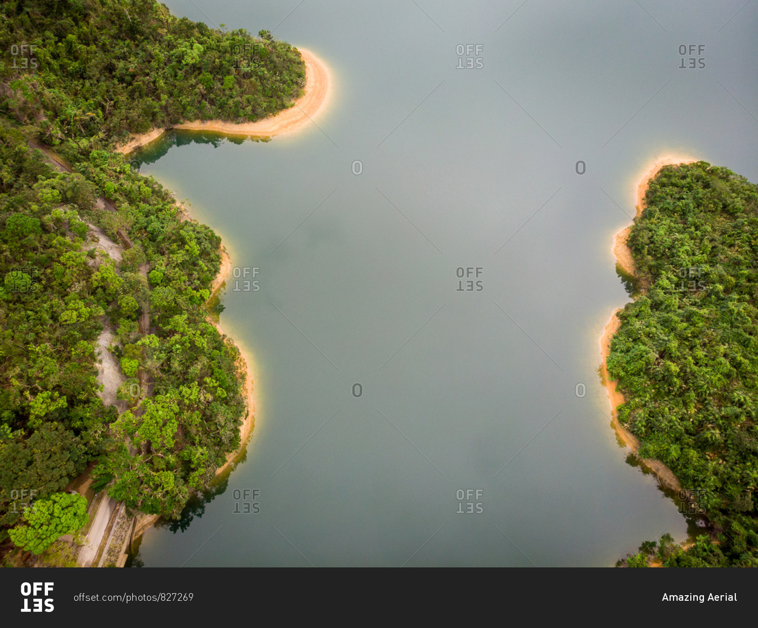 Aerial view of Tai Tam Tuk Reservoir, a popular area for hiking and picnics, Tai Tam Country Park, south side of Hong Kong.