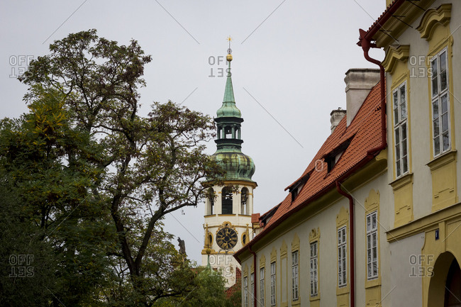 View of a church spire in Prague, The Czech Republic.