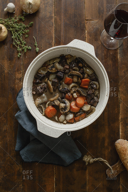 Boeuf bourgignon beef stew in a pan