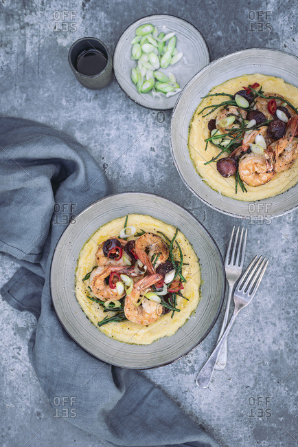 Creamy Polenta with Prawns, Chorizo and Samphire