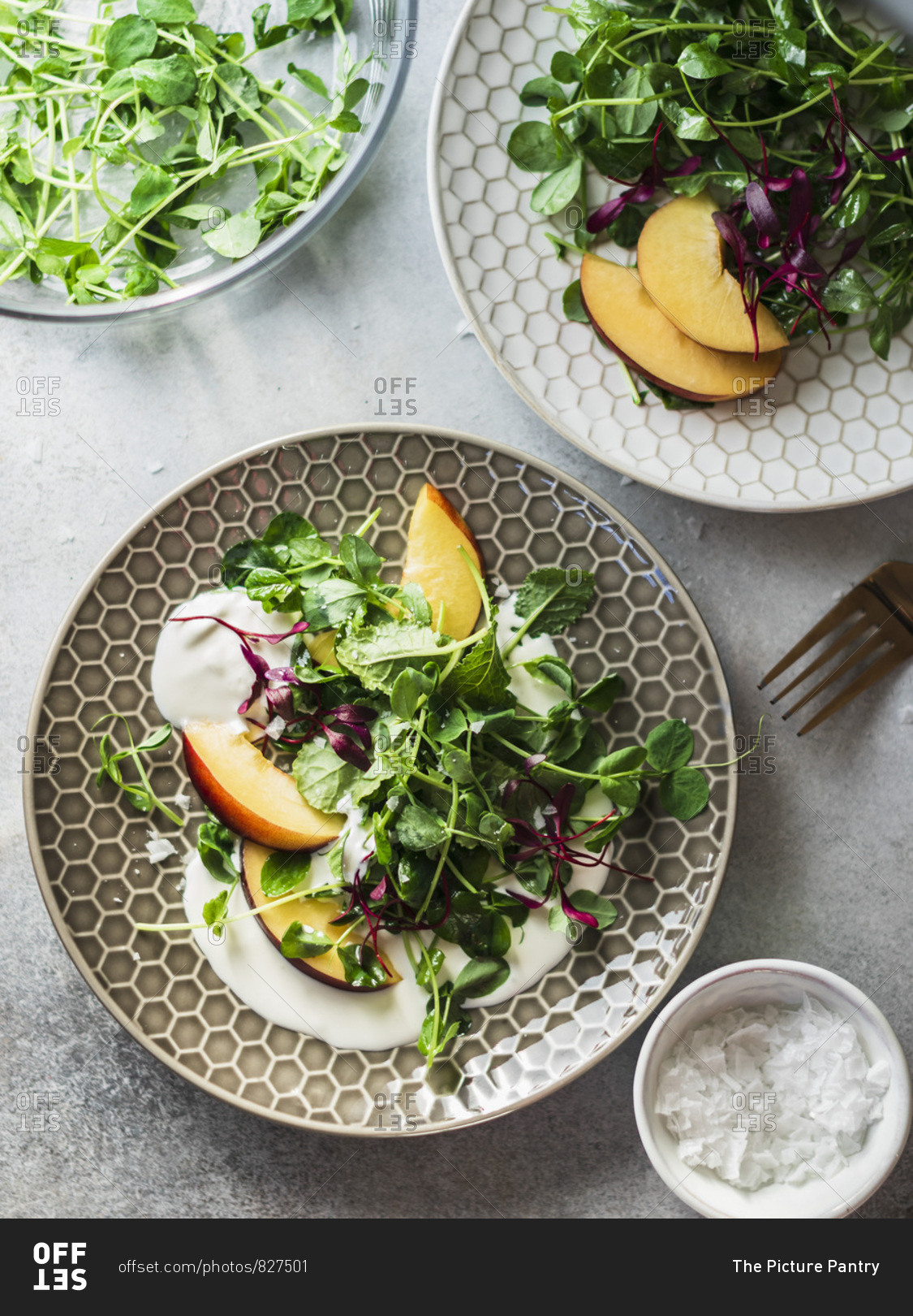 Ricotta salad with peaches and micro greens served on the gray plate