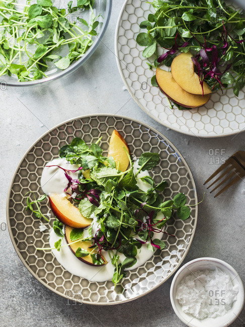 Ricotta salad with peaches and micro greens served on the gray plate