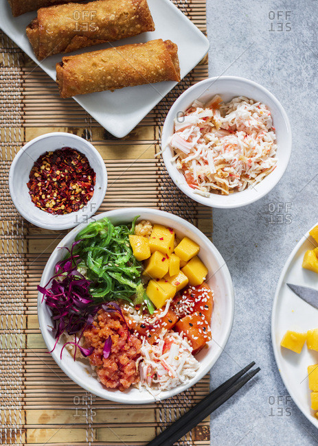 Dinner or lunch set: seafood poke bowl, egg rolls and crab meat in the bowl