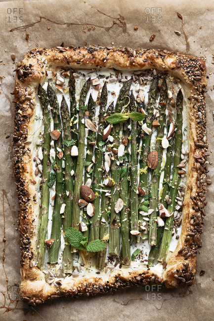 Close-up photo of asparagus savory tart