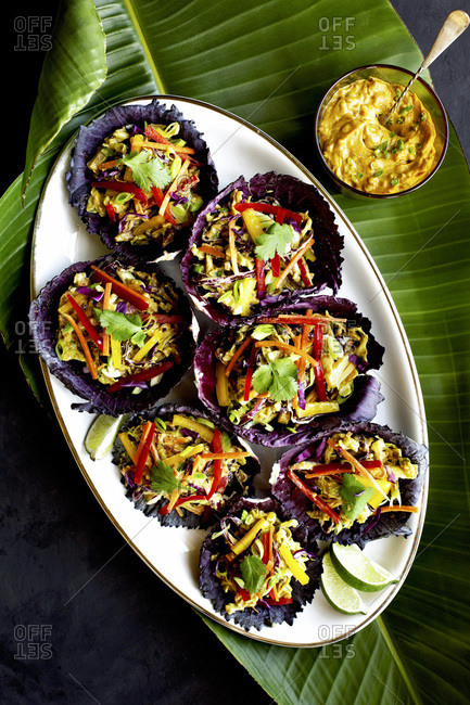 Peanut Slaw in red cabbage leaves