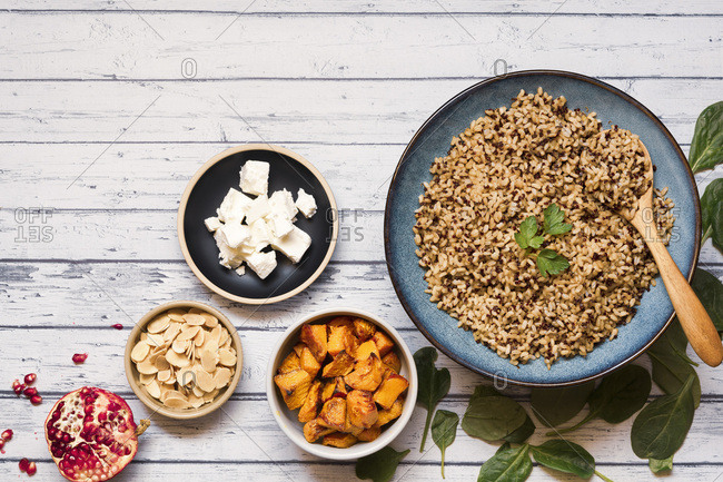 Ingredients for a quinoa and brown rice salad.