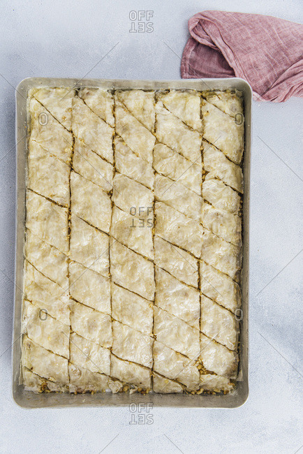 Baklava making in a baking sheet