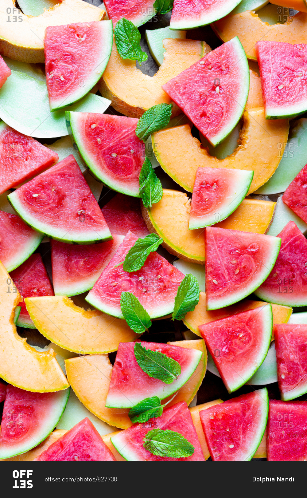 Watermelon, Cantaloupe and honeydew melon slices. stock photo OFFSET