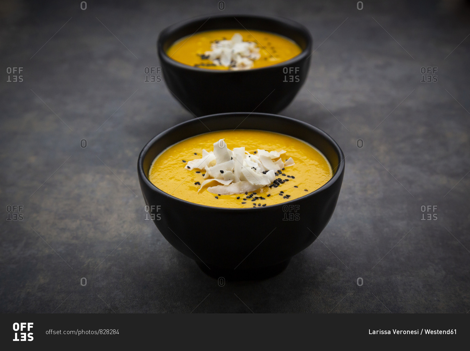 sweet potato soup  with mango- curcuma- coconut milk and black sesame