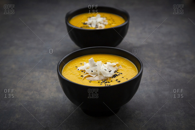 sweet potato soup  with mango- curcuma- coconut milk and black sesame