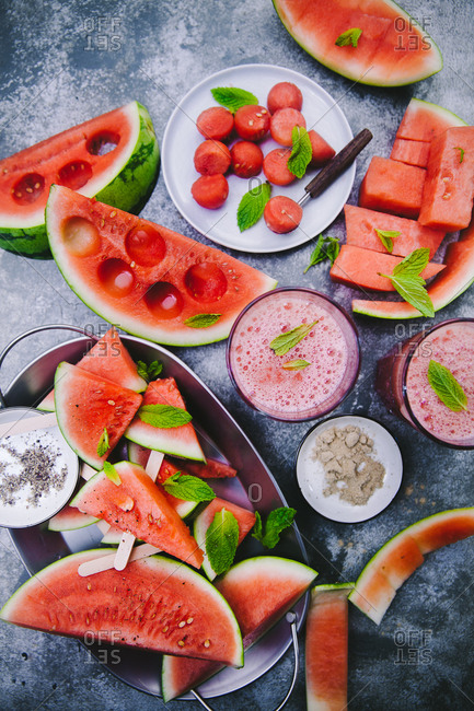 Watermelon sliced and balled with smoothies