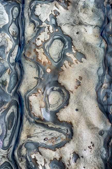 Close-up view of tide pool rocks with unique colors and patterns